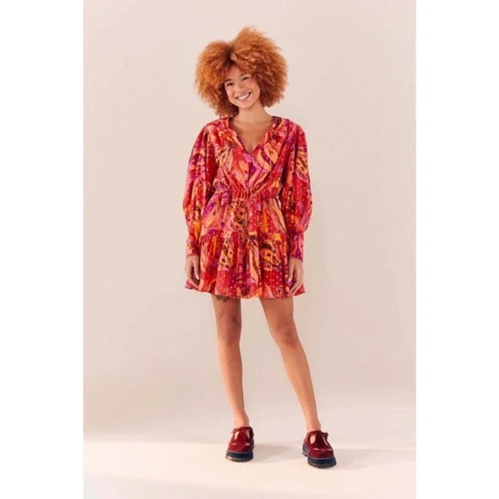 Farm Rio Women's Banana Juice Cotton Minidress Long Sleeve Size XS